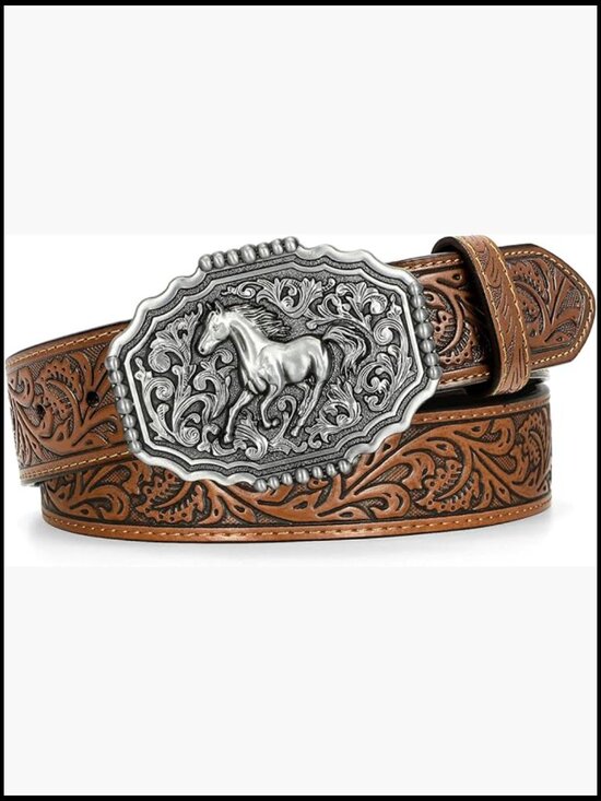 Western Cowboy Belt Leather Embossed Floral Buckle Removable Country Style main image 6